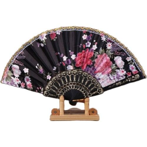 Hand Folding Fan Flower Pattern Lace Silk White Lace Bride Fan Vintage Dance Party Stage Hand Held Chinese Gift