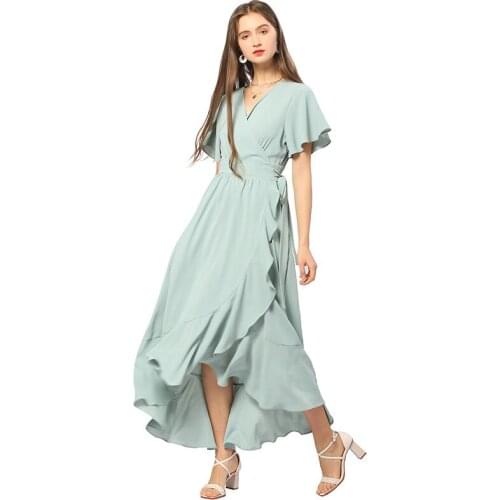 Chiffon Long Beach Dress Summer V Neck Ruffle Long Dresses Women 21 Short Sleeve Slim Beachwear Fashion Clothes Female CX1641