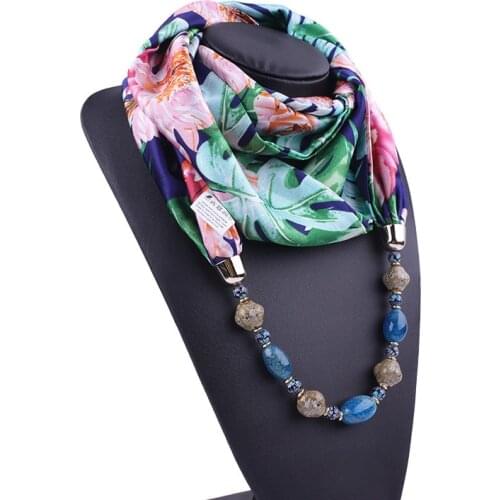 Plant printed chiffon gem necklace scarf womens spring and autumn natural stone necklace scarf scarf women head scarf