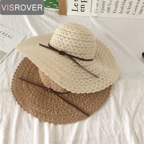 Visrover Korean Style Summer Sun Hat For Women Large Brim Hollow Lace Straw Hat Beach Sun Protection Bowknot Hat Collapsible