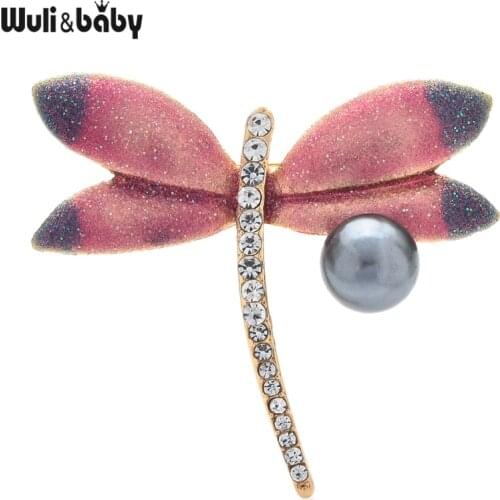 Wuli&baby Pearl Dragonfly Brooches Women Unsiex Rhinestone Classic Insects Party Office Brooch Pins Gifts