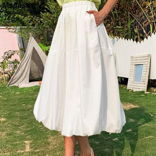 Skirts Women A-line Solid Black White Casual Mid-calf Saia Midi Elastic Waist FemaleTulle Skirts Tutu Pleated Skirts Woman