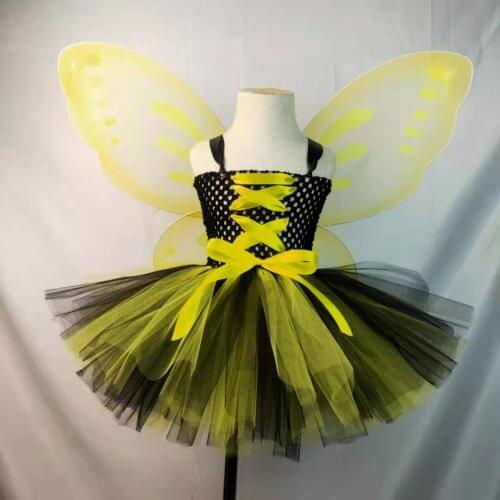 Girls yellow Butterfly Fairy Tutu Dress Kids Crochet Tulle Dress with Ribbon and Wing Set Children Birthday Party Costume Dresse