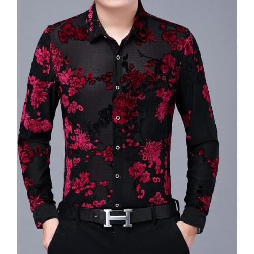 High Quality Mens Floral Shirt 2021 Long Sleeve Slim Velvet Shirt Men Clothing Camisa Business Party Prom Red Blue Flower Shirt