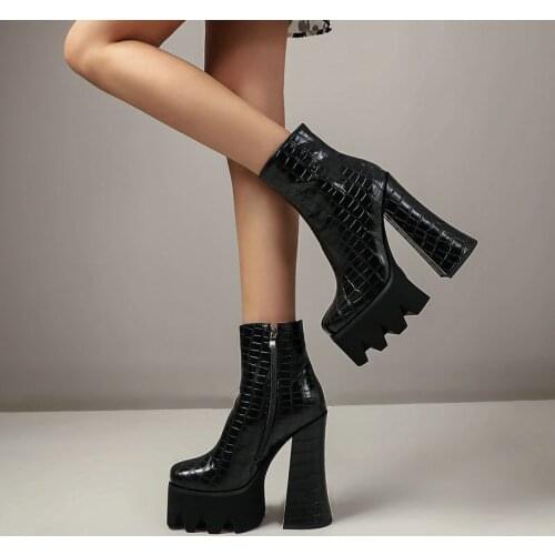 Lady Autumn Winter Mid Calf Boots Fashion Stone Pattern Platform Zipper Womens Shoes Super High Heel PU Large Size Knight Boots