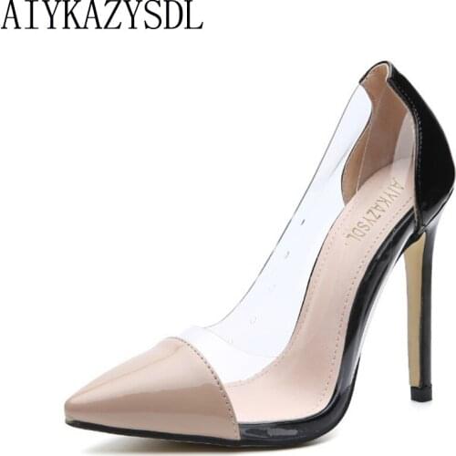 AIYKAZYSDL Women Pumps Pointed Toe PVC Transparent Clear Crystal High Heels Patchwork Slip On Court Fetish Dress Shoes Stilettos