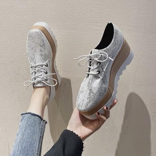 Ladies Platform Shoes PU Vulcanized Shoes Lace-up Shoes Creeper Retro Snake Pattern Light-colored Sole Casual Shoes