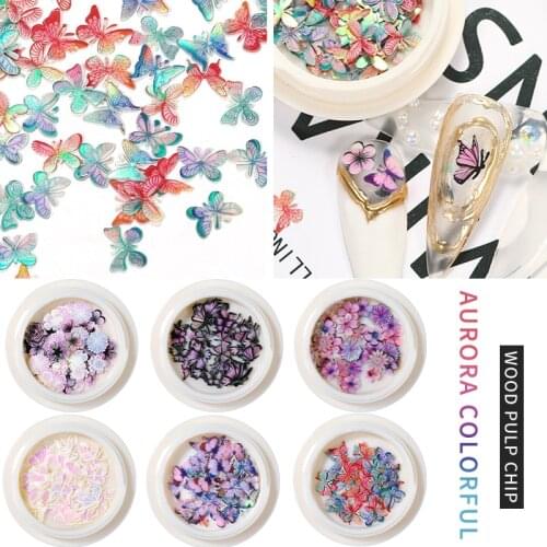 3D Aurora Simulation Butterfly Flower Nail Art Wood Pulp Chip Ultrathin Glitter Confetti Flake Laser Holographic Manicure Decor