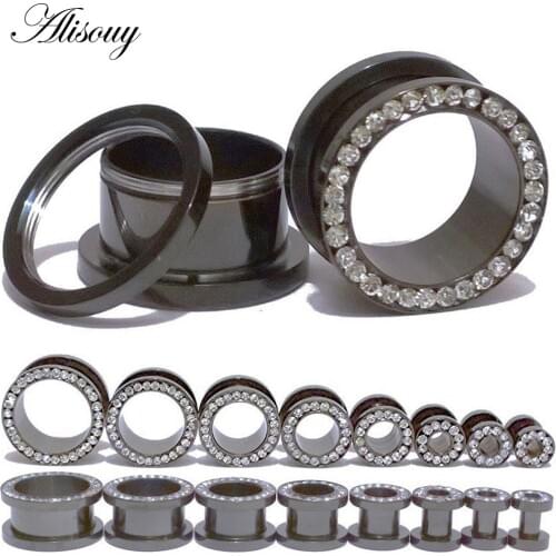 Alisouy 2pcs Ear Expansion Black Stainless Steel Crystal Ear Expander Septum Ear Plugs Tunnels Tragus Body Piercing Jewelry