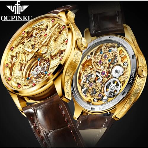 OUPINKE Tourbillon Watches Brand Mens Mechanical Watches Skeleton Leather Men Watches Luxury Business Clock Sapphire Waterproof