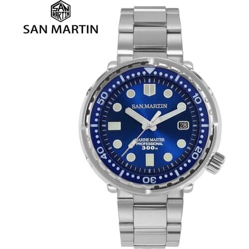 San Martin Tuna Diver Watch Enamel Sunray Dial Stainless Steel Automatic Movement Mens Mechanical Watch Super Blue Luminous