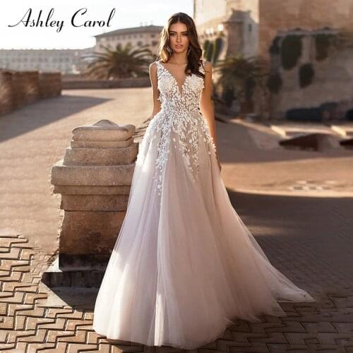 Ashley Carol Beach Wedding Dress 2021 Backless 3D Flowers Sleeveless V-neck Boho A-Line Princess Bride Gowns Vestido De Novia