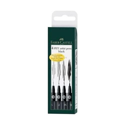 Faber-Castell Pitt Artist Pens - 4 Black India Ink Pen Wallet Set - Assorted Nibs Artist Markers (S,F,M,B Nib Styles)