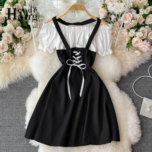 HangCode Summer Dress 2021 Retro Gothic White and Black Patchwork Bandage Mini Dress Puff Sleeve Korean Vestidos