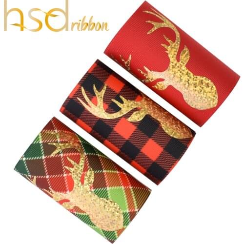 HSDRibbon 75MM 3 inch HSD-Designer make XMAS Series Pattern Laser Gold Foil Printed on Grosgrain Ribbon