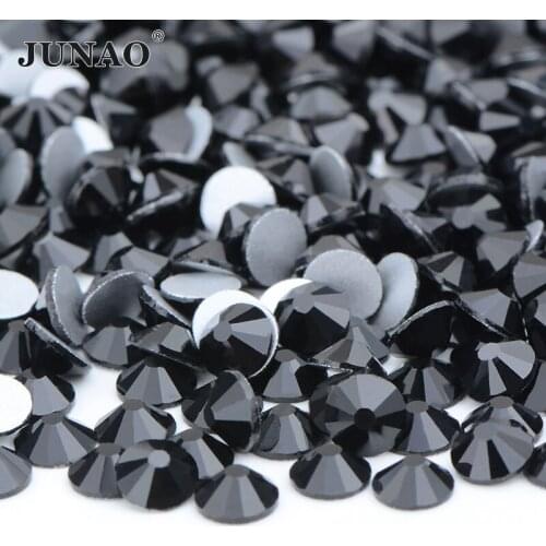 JUNAO SS6 8 10 12 16 20 30 Black Non Hotfix Crystal Rhinestone Flat Back Nail Stones Glass Strass for Clothes Jewelry
