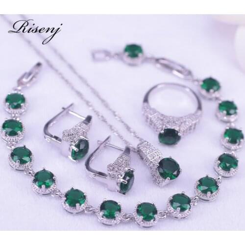 Russian Style Round Green Stone Silver 925 Jewelry Set Hoop Earrings Ring Necklace Bracelet Romantic Present Design Fast Ship