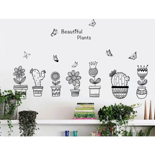 Creative Flowerpot With Butterfly Wall Stickers Living Room Bedroom Home Decoration Cactus Girasol Mural PVC Art Diy Plant Decal