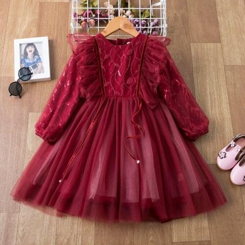Girls Flower Lace Dress Wedding Party Princess Dress Casual Kids Clothes Long Sleeves Dress Vestidos Childrens Clothing