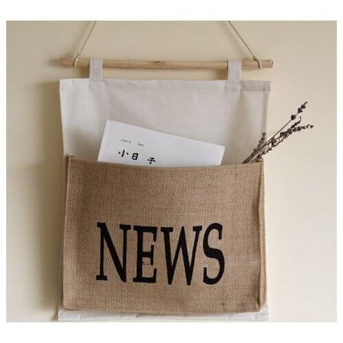 35x40cm retro linen magazine wall-mounted storage bag newspaper storage bag pad bedside hanging bag large door behind the wall
