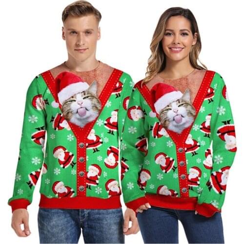 Men Women Ugly Christmas Sweater Pullover Hoodies Sweatshirts 3D Santa Claus Cat Print Graphic Long Sleeve Sweaters Jumpers Tops