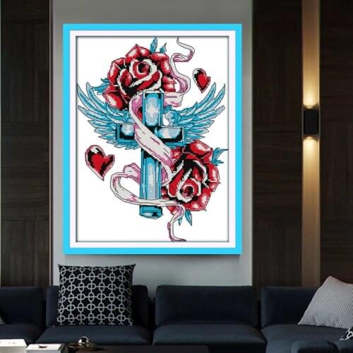 Rose cross Printed Canvas Cross Stitch Kit Home Decore 11CT 14CT Canvas DMC Embroidery Needlework Cross-stitch set Handmade