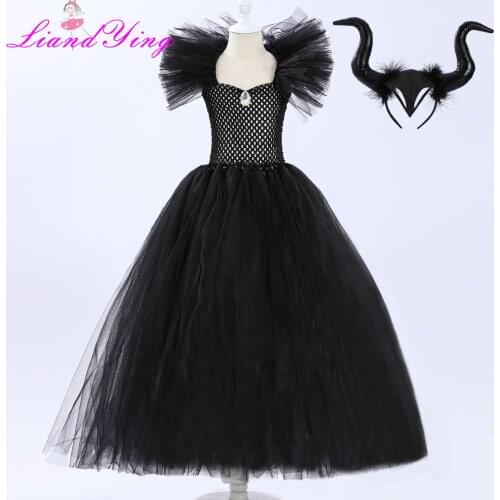 Solid Black Halloween Costumes Kids Girls Tutu Dress Ankle Length Dresses Devil Costume Cosplay Outfits Horns