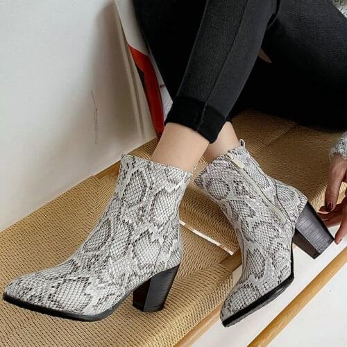 Autumn and Winter Women Boots Square High Heel Ankle Boots Fashion Snake Print PU Round Toe Zipper Women Shoes Large Size 34-43
