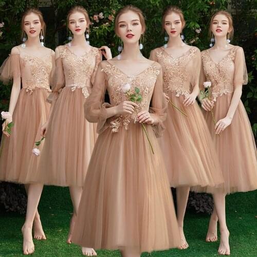 Bridesmaids Dresses Vintage Spaghetti Straps Short V-Neck Embroidery A-Line Knee-Length Lace Tulle Women Wedding Party Gown E171