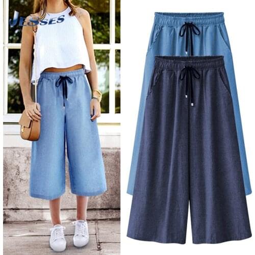 Blue Solid Color High Waist Wide Leg Pants Summer Plus Size Casual Trousers Women Loose Cropped Trousers 6XL Comfy Outdoor Pant