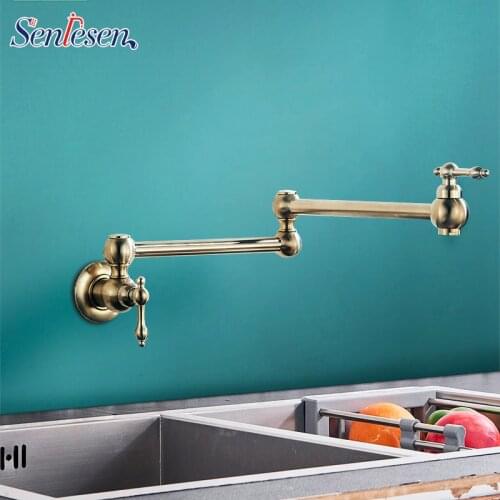 Senlesen Nickle Golden Kitchen Faucet Folding Stretchable Swing Arm Wall Mounted Brass Kitchen Faucet Tap