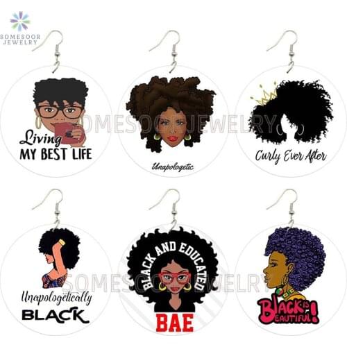 SOMESOOR Educated and Beautiftul Curly Black BAE Wooden Drop Earrings Afro Magic Natural Hair Arts Painted Wood For Women Gifts