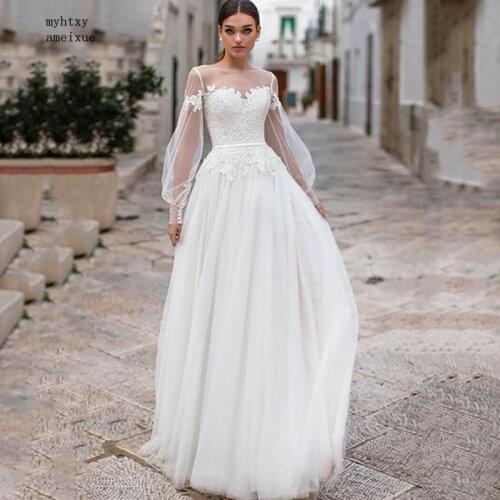 Full Tulle Scoop Floor-length Backless A-line Puff Sleeve Boho Plus Size Wedding Dress 2020 Beach Vestido De Noiva Bridal Dress