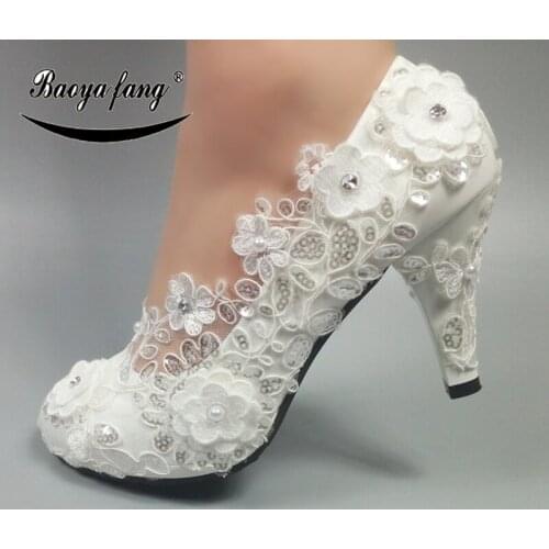 BaoYaFang Round Toe White Lace Bridal wedding shoes High heel Pumps Crystal shoes sweet flower platform shoes woman party Pumps