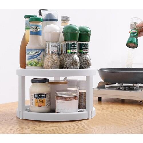 Rotating Organizer 2 Tier Condiment Storage Rack Spice Rack Round Shelf Kitchen Storage Tray Pantry Cabinet Turntable