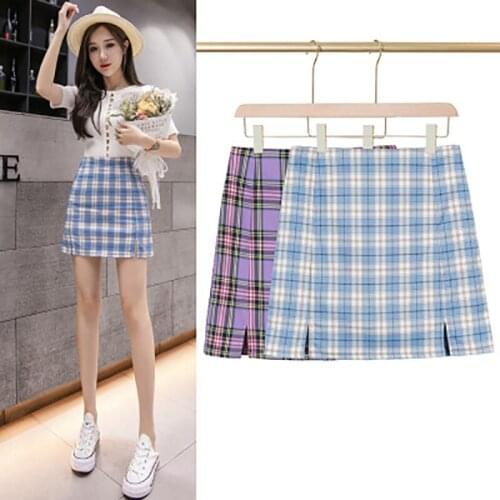 2020 Summer High-waisted Skirt Splicing Plaid Sweet BM Style Slit A-line Skirt Two-color Optional Bust Skirt Women