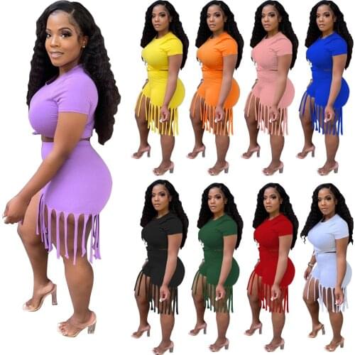 Women Two Piece Lovely Plus Size Casual O Neck Tassel Design 2 Piece Shorts Set