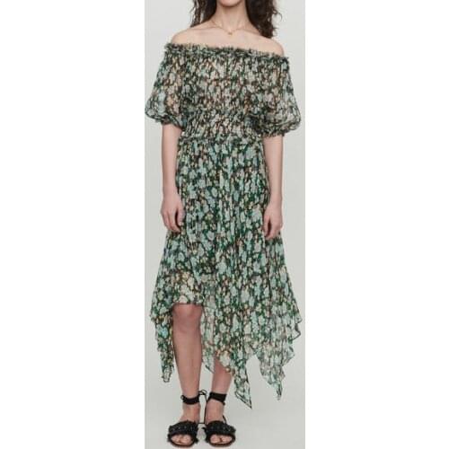 ElfStyle Slash Neck Shimmer Thread Floral Print Asymmetric Long Dress - Women Newest Metallic Yarn Dress