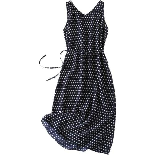 Women Summer Silk Dress V neck Navy Blue Vintage Natural silk dresses Elegant Dots Dress Casual holiday real silk long dress