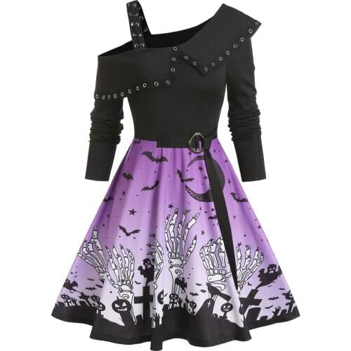 Wipalo Gothic Dress Cold Shoulder Grommet Trim Halloween Print Mini Dress Women Long Sleeves Vintage Party Dress Plus Size Femme