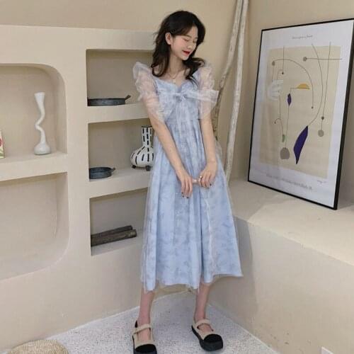 2021 Summer Vintage Elegant V-Neck Dress Women Short Sleeve Chiffon One Piece Dress Korean Chic Sweet Beach Dress Party Females