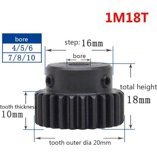 1/2/5/10/20PCS 1M 18T Spur Gear Pinion Bore 5mm Step 16mm Surface Black Spur Gear With Step Modulus 1 Tooth18 Outer Diameter20mm