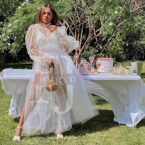 2021 Fashion Long Sleeve High Neck White Tulle Prom Gown Party Dresses Sheer A-Line Cocktail Formal Dress Chic Robes