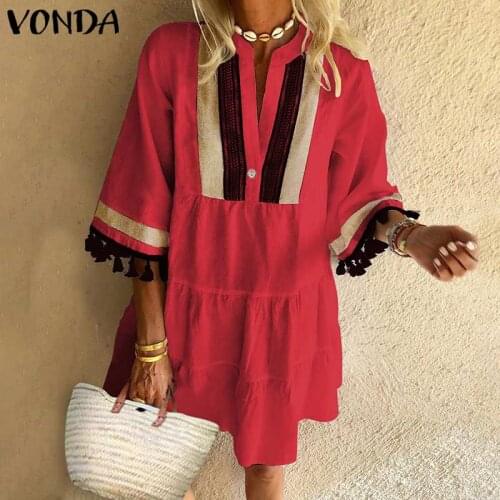 2021 VONDA Summer Beach Dress Women Vintage Print Sundress Half Sleeve V Neck Party Dress Bohemian Vestido Casual Robe Plus Size