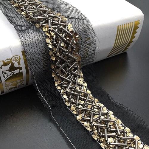 6Yards Black Beaded Sequin Lace Trim Mesh Embroidered Ribbons For Sewing Clothing Collar Headdress Accessories Lace Decoration
