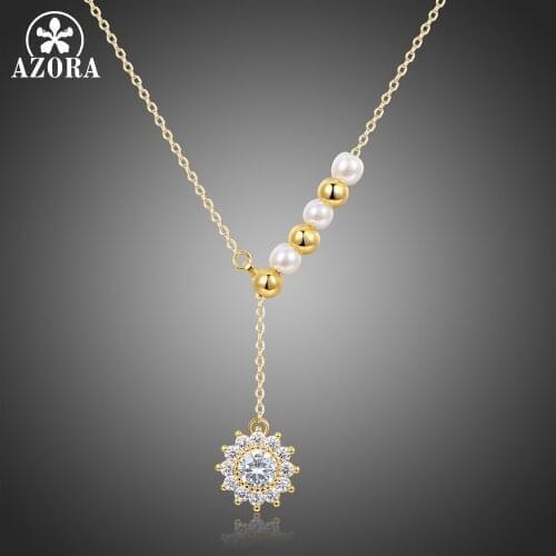 AZORA Exquisite Gold Color Beads and Pearl Necklace With Sunflower Shape Pendant Clear Cubic Zircon Pave For Female TN0255