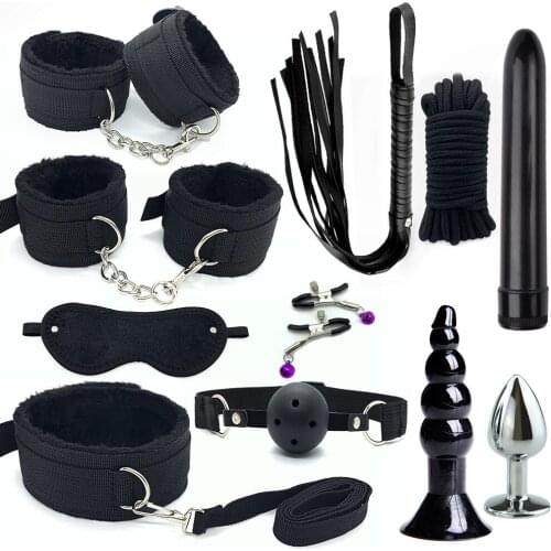Bdsm 11Piece Set Bondage Fetish Hangcuffs Nipple Clamps Anal Plug Whip Open Mouth Gap SM Restraints Sex Toys for Couples Women