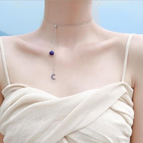 Shiny Crystal Blue Moon Pendant Necklace Girl Clavicle Accessories Female Fashion 925 Sterling Silver Women Necklace Choker Gift