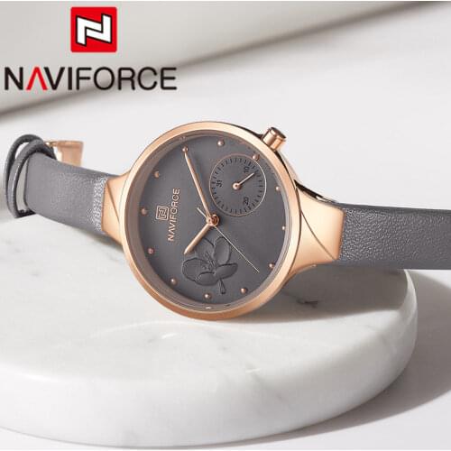 NAVIFORCE Fashion Women Watch Top Brand Luxury Gray Gold Ladies Wristwatch Genuine Leather Bracelet Classic Female Clock 5001