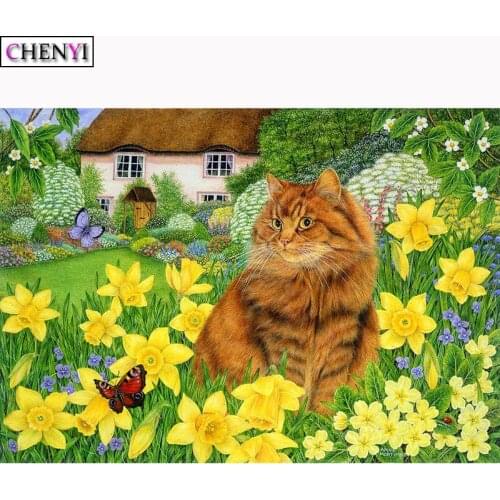CHENYI 5D DIY Diamond Painting Set Animal Cat and Flowers Cross Stitch Kits Diamond Embroidery Needlework Garden Decoration Gift